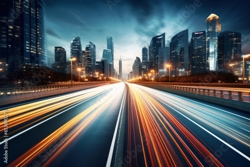 High speed urban traffic on a city highway during evening rush hour, car headlights and busy night transport captured by motion blur lighting effect and abstract long exposure photography