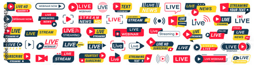 Live streaming badge collection. Live broadcasting icons. Buttons for broadcasting, live stream, online webinar