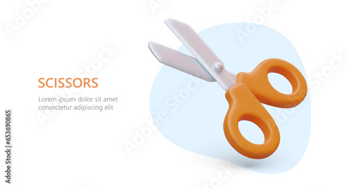 Realistic stationery scissors with yellow handles. Commercial poster for store. Left handed scissors. Stationery for lefty. Horizontal template, place for text on white background