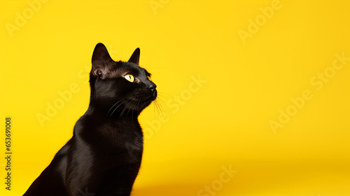 Black cat, yellow background, side view. Modified Generative Ai image. © AtoZ Studio