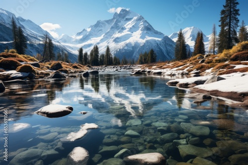 Pristine mountain lake surrounded by snow-capped peaks, Generative AI