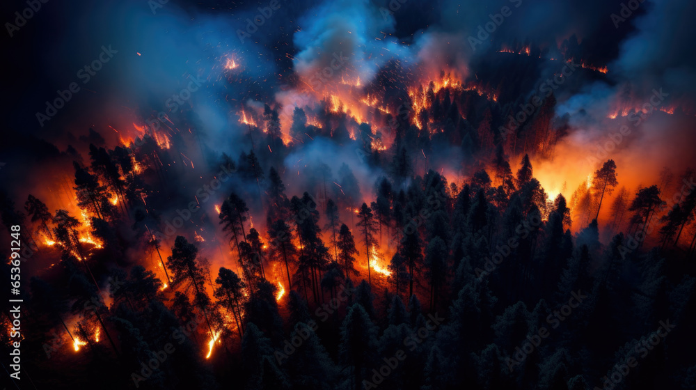 Aerial shot of forest fire.
