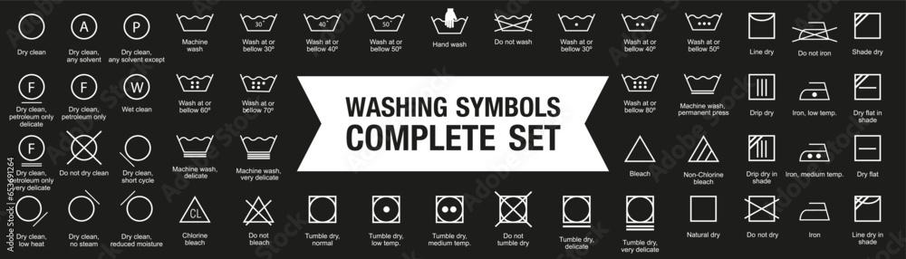 Washing symbol complete collection. Set of black washing icon. Laundry symbol, care label, clothes washing instruction icons - obrazy, fototapety, plakaty 