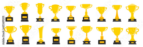 Trophy cup icon collection in a flat design. Set of golden award cup in a flat design. Trophy cup, award icons