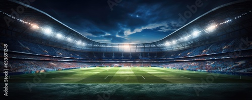 Modern football stadium with strong lights and green football pitch, banner panorama. Generative ai. © annamaria