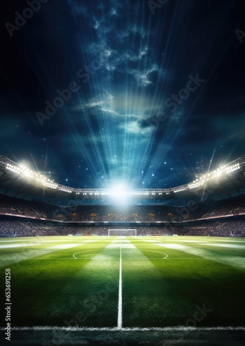 Modern football stadium with strong lights and green football pitch in night. Generative ai.