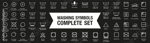 Washing symbol complete collection. Set of black washing icon. Laundry symbol, care label, clothes washing instruction icons