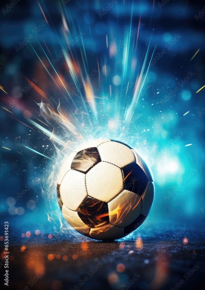 Naklejka premium Football sport ball in action during match at the stadium, colorful. Generative Ai.