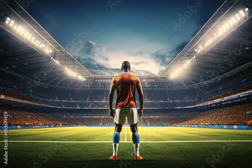 Male football player stands on modern football pitch stadium with strong lights, sport. Generative ai. © annamaria