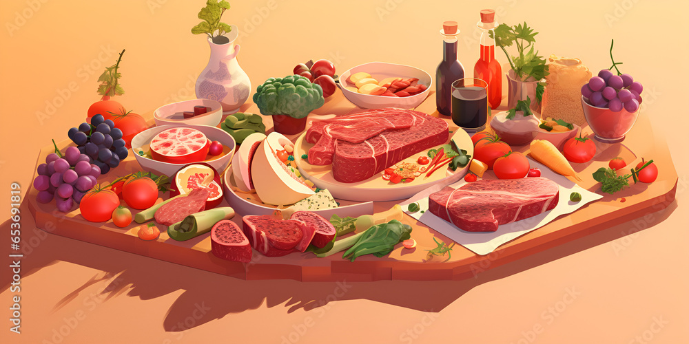 Delicous fast food colorful design,Cold cuts platter in cartoon style on the table ,Cheese Platter Vector Images,AI Genertaive 