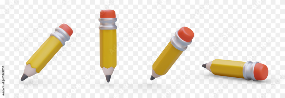 Yellow sharpened pencil with red eraser. Vector object in different positions. Tool for drawing. Set of isolated realistic images. Illustrations with shadows Yellow sharpened pencil with red eraser. Vector object in different positions. Tool for drawing. Set of isolated realistic images. Illustrations with shadows