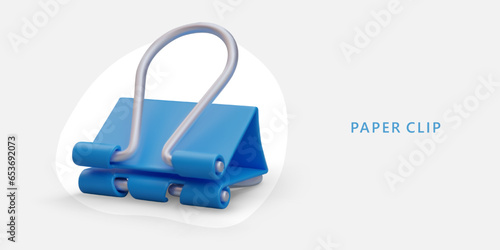 Blue binder clip. Advertising of stationery store. Archive, storage of documents, papers. Attachment symbol. Color poster with place for text. Vector concept