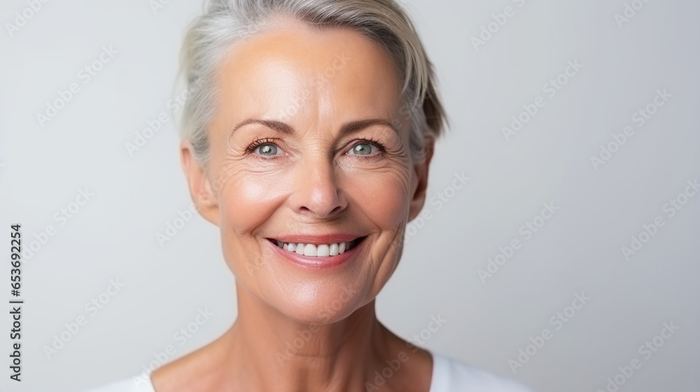A mid-age senior woman's close-up portrait, exuding confidence and timeless allure, face skin care beauty A mid-age senior woman's close-up portrait, exuding confidence and timeless allure, face skin care beauty