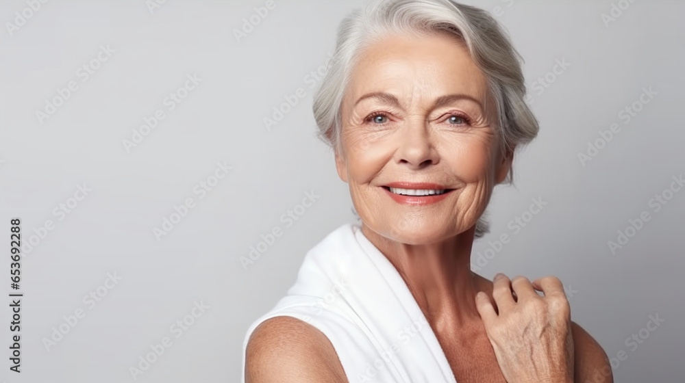 A dignified senior model woman's close-up portrait radiating wisdom and timeless poise, face skin care beauty A dignified senior model woman's close-up portrait radiating wisdom and timeless poise, face skin care beauty