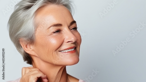 A close-up shot of the natural grace and wisdom of a mature woman, face skin care beauty