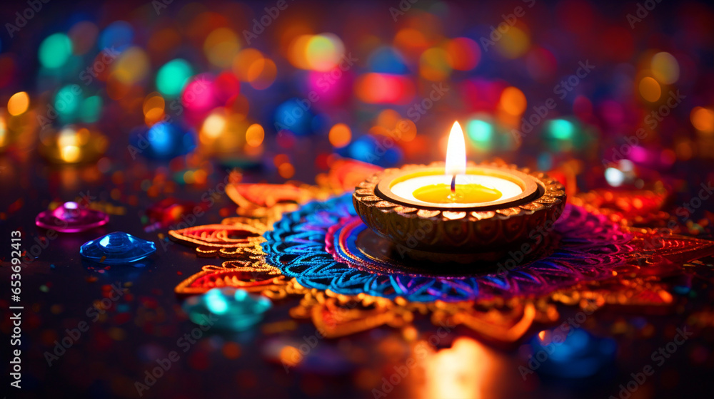 Diya placed in middle of colorful rangoli happy Diwali background - ai generative Diya placed in middle of colorful rangoli happy Diwali background - ai generative