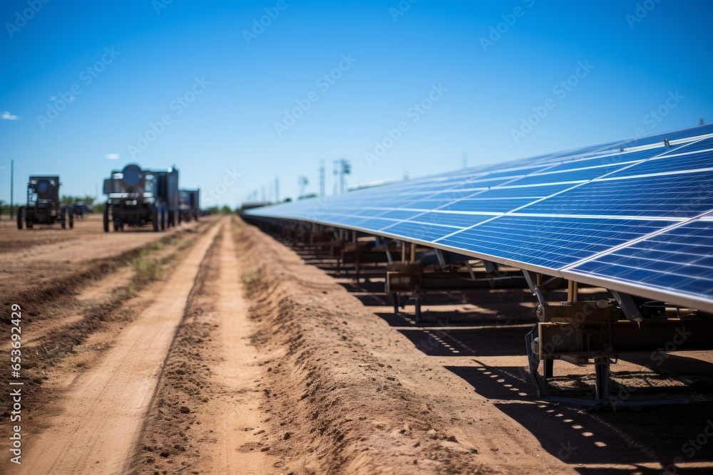 Obraz premium Solar panel array harnessing renewable energy on Earth Day, Generative AI