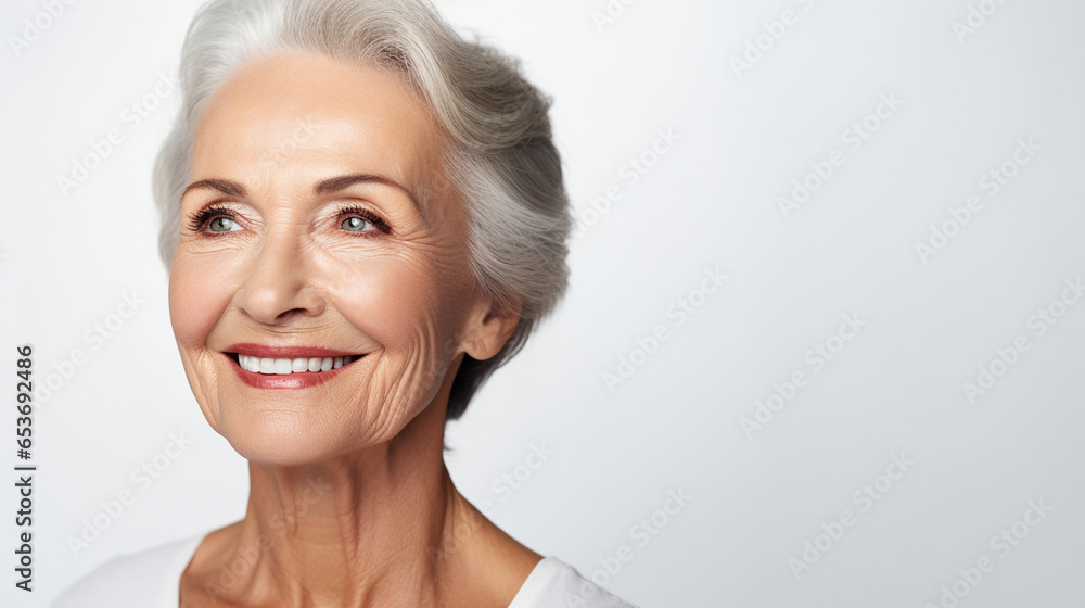 A close-up view of a mature lady, showcasing her ageless allure and elegance, face skin care beauty A close-up view of a mature lady, showcasing her ageless allure and elegance, face skin care beauty