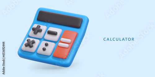 Realistic calculator in cartoon style. Basic mathematical operations online. Counting, calculation, accounting services. Financial management. Advertising poster, place for text