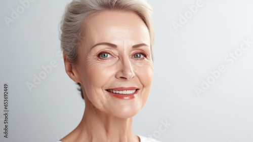 A mature lady's close-up portrait, emanating timeless grace and confidence, face skin care beauty