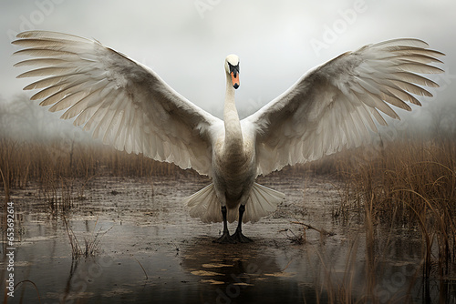 Image of white swan spreading its wings. Birds, Wildlife Animals, Illustration, Generative AI.