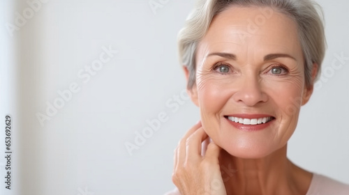 A mid-age senior woman s close-up portrait exuding confidence and timeless elegance  face skin care beauty