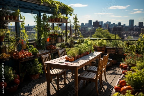 Sustainable urban garden on a rooftop celebrating Earth Day, Generative AI