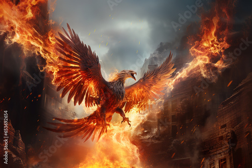 Image of ferocious eerie angry phoenix is flying burning, Bird, Mythical creatures., Generative AI, Illustration. © yod67