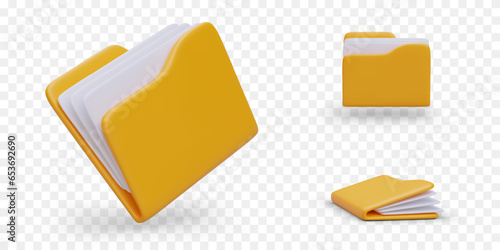 3D yellow folder with documents. Plastic file with sheets, portfolio. Office supplies. Set of color illustrations. View from front, side, at angle. Empty unmarked cover