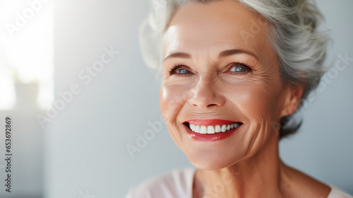 A close-up shot highlighting the radiant smile and charm of a mature lady, face skin care beauty
