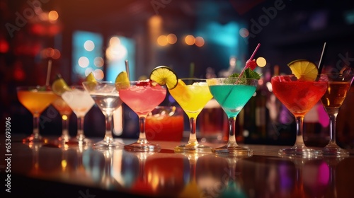 Colorful decorated assorment of colorful cocktails on a bar counter for night life party drink arrangement photo