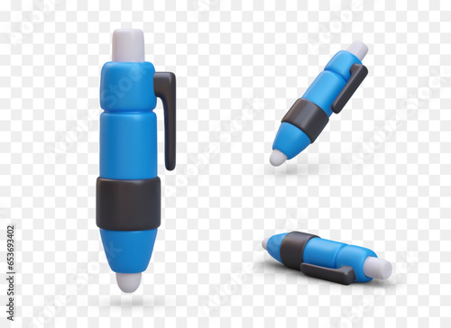 3D blue ballpoint pen with button. Writing device. Object in vertical, horizontal, inclined position. Popular stationery. Set of icons for shop. Record symbol