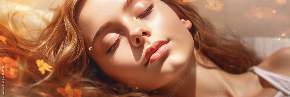 Obraz premium Beautiful young girl smiling with closed eyes. Pleasure and happiness. Banner with space for text with beautiful bokeh