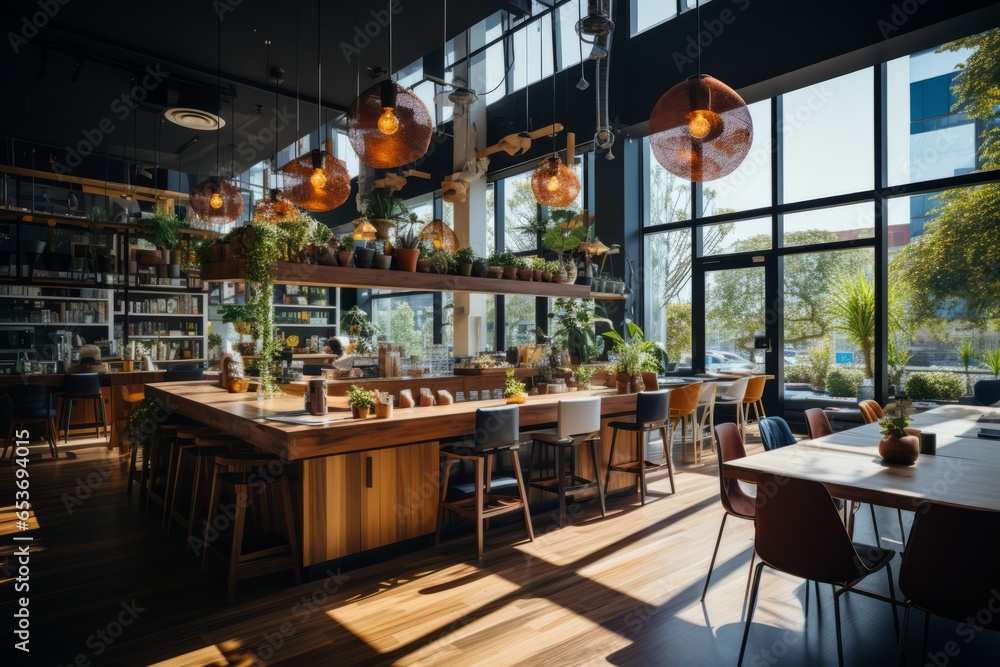 Naklejka premium Communal kitchen area in a coworking space where members socialize, Generative AI