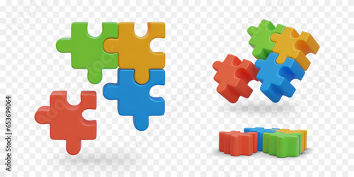 3D colorful puzzles in different positions. Selection of necessary element. Finding right solution. Symbol of solving problems. Isolated vector illustration. Business concept