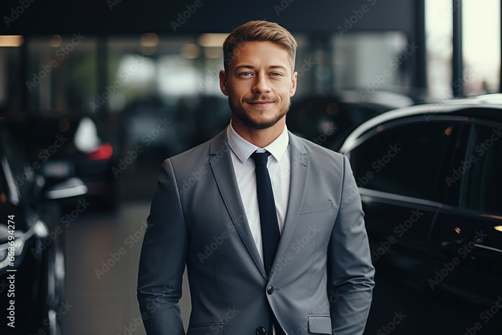 Handsome successful businessman standing in car showroom Handsome successful businessman standing in car showroom