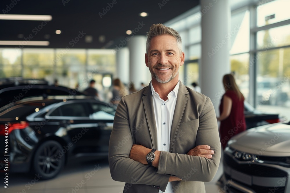 Handsome successful businessman standing in car showroom Handsome successful businessman standing in car showroom