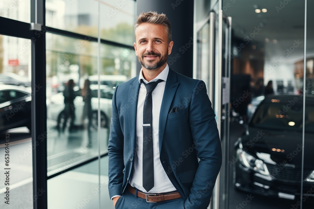 Handsome successful businessman standing in car showroom - obrazy, fototapety, plakaty 