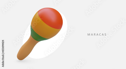 3d realistic colorful maracas on white background. Poster for music shop with musical instrument and place for text. Vector illustration in yellow, red and green colors