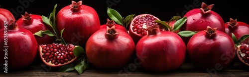 h, delicious, organic pomegranates over black background on wooden table. Farmers market. Wallpapers, banners