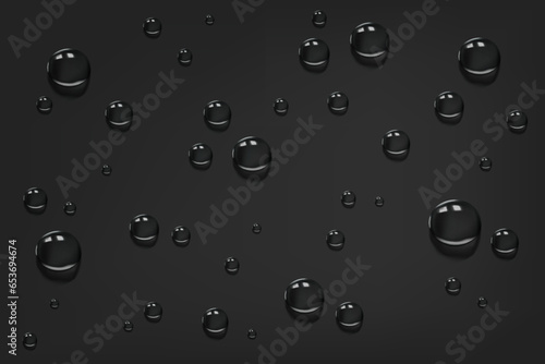 Drops of water rain on a dark window surface. Abstract wet texture, dew, condensate from a shower steam or fog on a transparent background. Realistic 3D vector illustration.