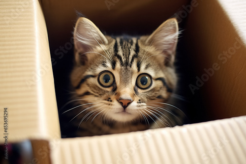 cardboard box with a cat. Generative Ai