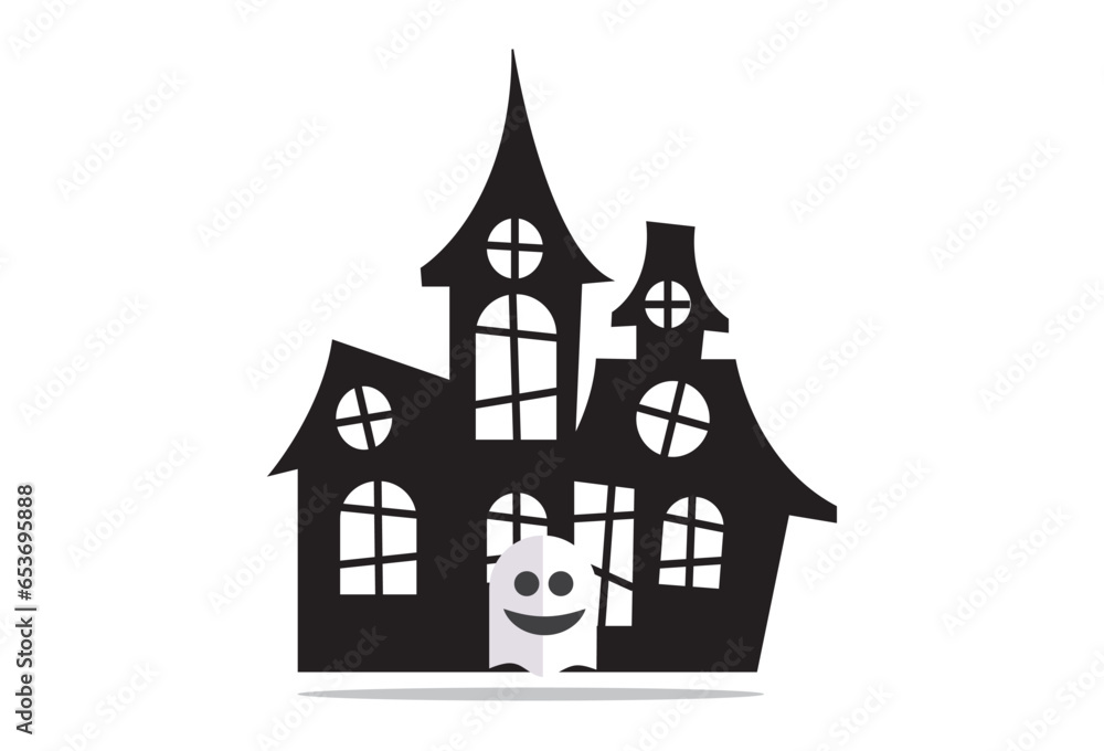 haunted house icon vector illustration. The illustration depicts the silhouette of a haunted house, capturing the eerie essence of Halloween. This spooky house is adorned with various frightening elem