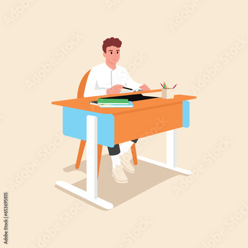 vector illustration of a schoolboy sitting at a desk	