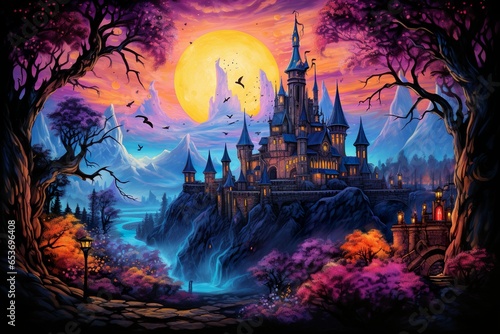 Blacklight Painting, Black dragon, Pastel Castle, Mountains photo