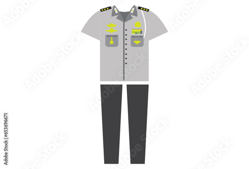 A police uniform typically consists of a navy blue shirt and pants, with black boots and a matching belt. The uniform may also include a badge, patches, and a nametag to identify the officer, as well 