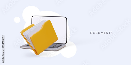 3d realistic laptop and yellow folder with different files. Electronic and physical documents. Colorful vector illustration in gray and yellow colors and place for text