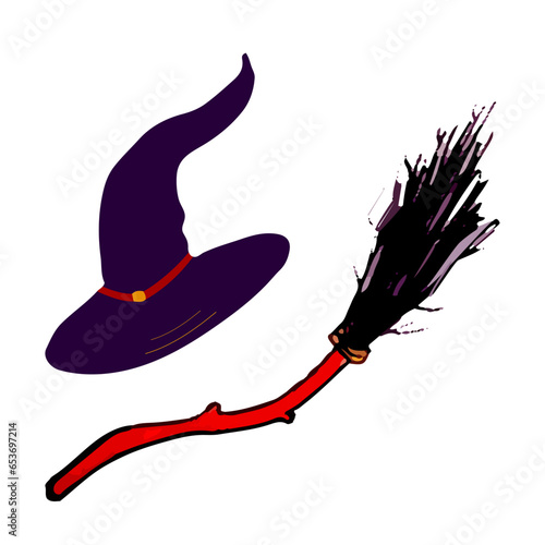 Vector attributes of a witch hat and broom. Halloween Magical, occult objects of witchcraft.