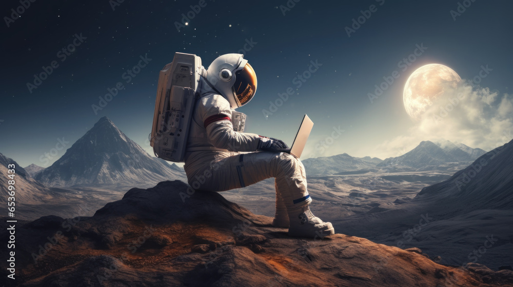 An astronaut in space works on a laptop against the backdrop of mountains on an alien planet - obrazy, fototapety, plakaty 