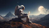 An astronaut in space works on a laptop against the backdrop of mountains on an alien planet